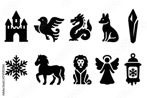 Fantasy silhouette icon set. mythical creatures, castle elements, silhouette collection