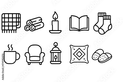 Cozy home, comfort line icon set. warmth, home decor, relaxation outline collection