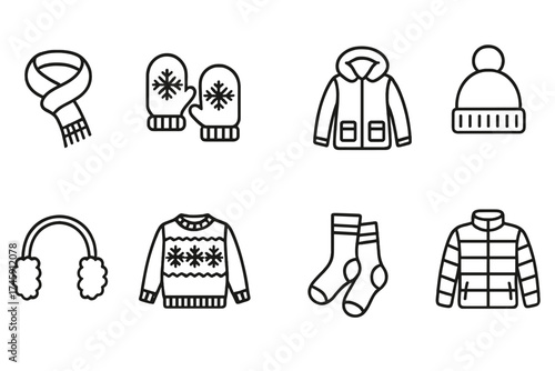 Winter clothing line icon set. cozy apparel outline collection for cold weather
