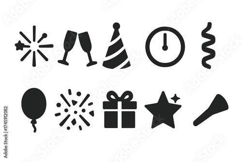 New year's eve solid icon set: party, celebration, countdown, festive symbols collection