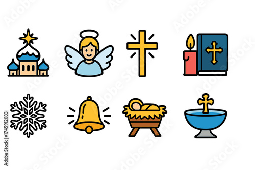 Christmas, religious outline icon set. holiday, christian symbols collection in outline.