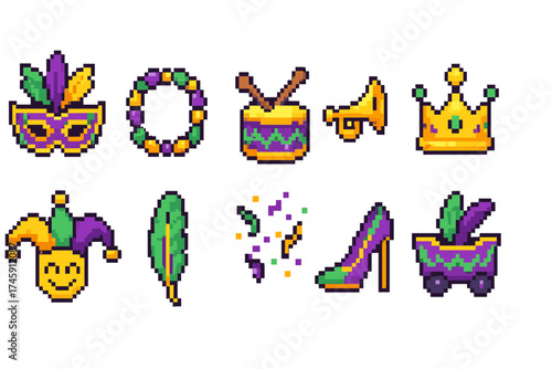 Mardi gras pixel icon set. festival, celebration icons in retro pixel style