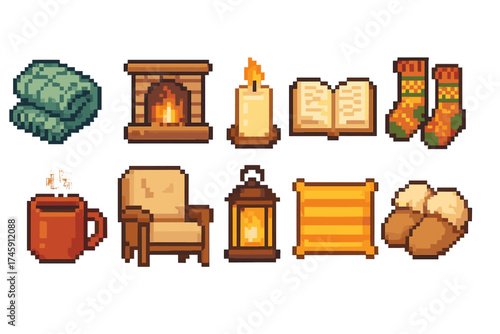 Cozy winter pixel art icon set. warm, winter, cozy, pixel, pixelated graphics.