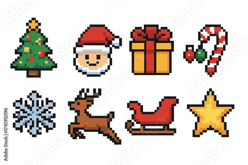 Christmas pixel art icon set: festive, winter holiday icons in retro style