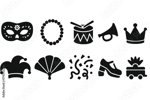 Carnival and festival silhouette icon set. celebration, party, festivity symbols collection.