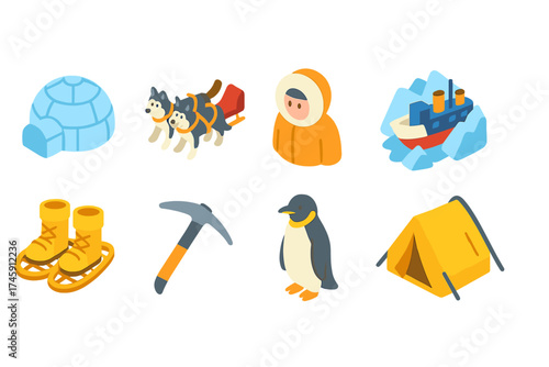 Arctic adventure 3d icon set. explore polar icons with igloo, husky, and penguin designs