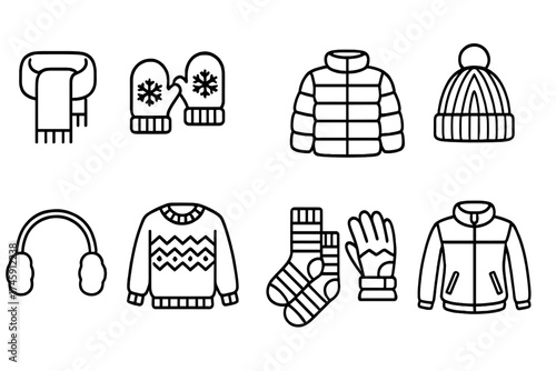 Winter clothing icon set in outline style. coats, hats, mittens, and scarves collection