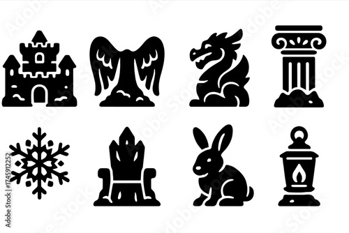 Fantasy, mythology silhouette icon set. enchanted creatures, symbols