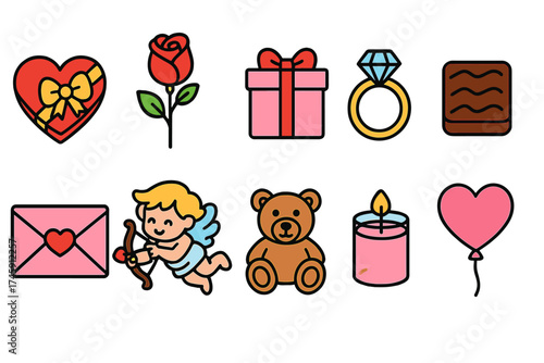 Valentine's day flat icon set. love, romantic symbols collection for special occasions