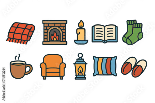 Cozy home outline icon set. fireplace, blanket, socks, candle, comfy icons collection.
