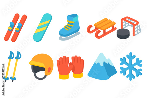 Winter sports 3d icon set. skiing, snowboarding, ice skating, sledding, hockey icons.