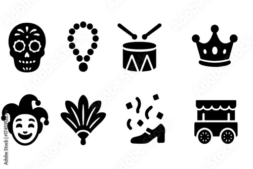 Carnival and festival silhouette icon set. celebrate with festive symbols collection