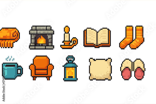 Cozy home flat icon set. home essentials, comfort, warmth, relaxing icons collection