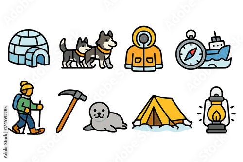 Camping adventure, outdoor outline icon set for hiking and travel experiences
