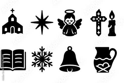 Christmas celebration silhouette icon set. festive holiday symbols silhouette collection