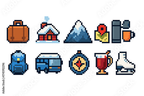 Winter travel silhouette icon set. adventure, tourism, vacation icons collection.