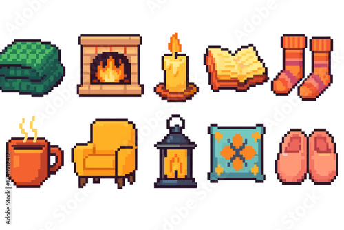 Cozy home pixel icon set. warmth and comfort pixel art style collection.