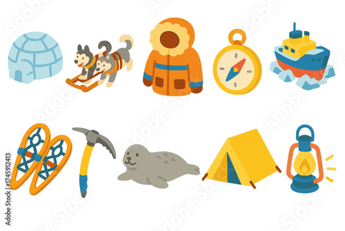 Winter adventure 3d icon set. camping, exploration, arctic activities collection