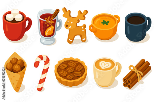 Cozy holiday treats icon set in 3d. hot drinks, sweets, and festive snacks.