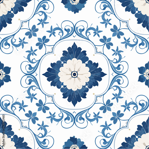 A seamless Chinese porcelain pattern featuring blue and white floral motifs. Ideal for packaging, tableware, and elegant decorative surfaces.