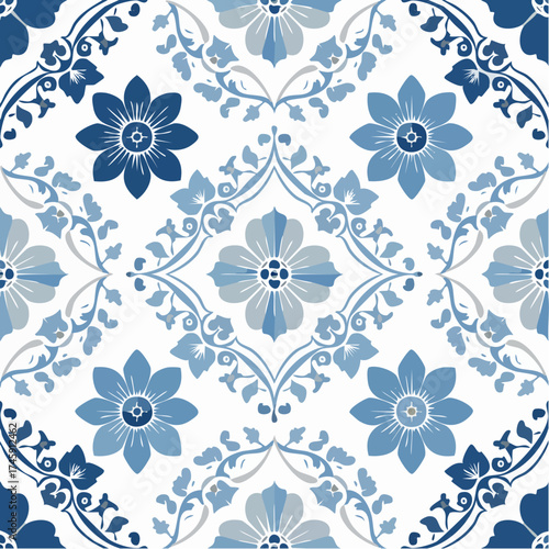 A seamless Chinese porcelain pattern featuring blue and white floral motifs. Ideal for packaging, tableware, and elegant decorative surfaces.