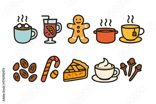 Holiday drinks and snacks flat icon set. seasonal celebration food icons collection