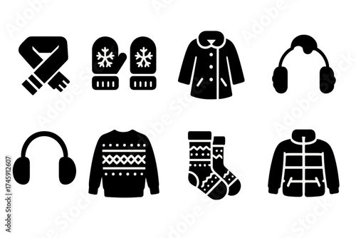 Winter clothing silhouette icon set. cozy accessories and apparel silhouettes