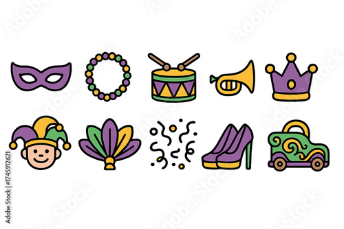 Carnival celebration flat icon set. festive, party symbols collection for events.