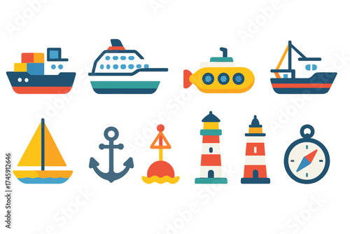 Marine, nautical flat icon set. boats, ships, anchor, lighthouse in flat style