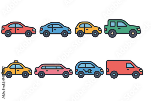Transportation flat icon set: cars, vehicles, and transport modes in flat design