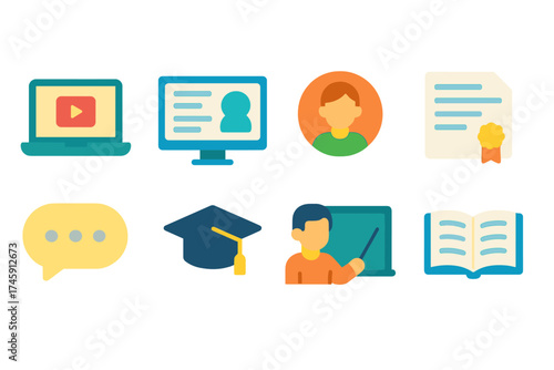 Education, e-learning flat icon set. online learning, classroom, study icons collection