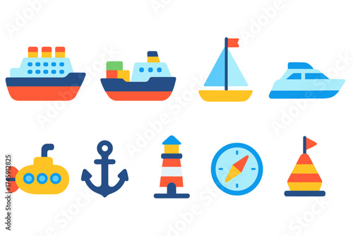 Nautical, marine flat icon set. ships, sailing, ocean travel icons flat collection