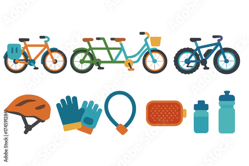 Bicycle accessories flat icon set. cycling, safety, gear icons flat collection.