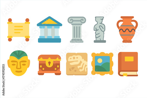 Ancient history flat icon set. greek, egyptian, roman culture flat icons collection