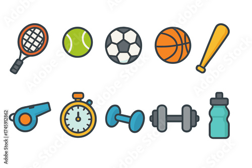 Sports and fitness flat icon set. equipment, exercise, recreation, workout icons collection