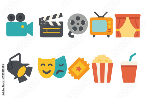 Film and cinema flat icon set. theater, entertainment symbols collection in flat style