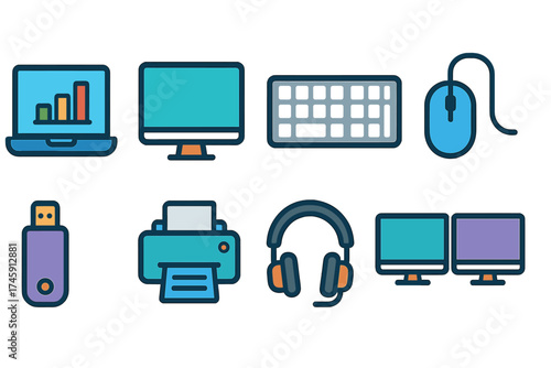 Office, electronics linear icon set. devices, computer accessories in line style collection