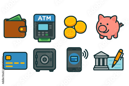 Finance, banking flat icon set. money, atm, wallet, piggy bank flat icons collection