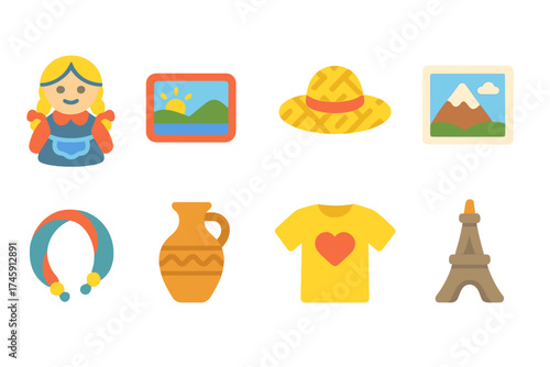 Travel and culture flat icon set. vacation, sightseeing, and souvenir icons collection.