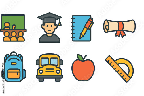 Education and back to school flat icon set. learning, school supplies icons collection