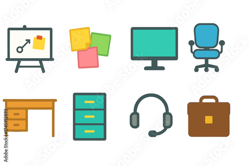 Office essentials icon set. flat style staff tools, workplace, desk icons collection