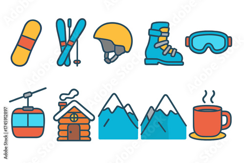 Winter sports, activities flat icon set. skiing, snowboarding vector flat graphics