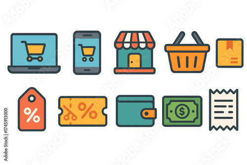 E-commerce flat icon set. online shopping, retail, and payment icons collection