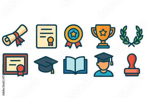 Education and achievement icon set. diploma, award, and graduation icons flat style