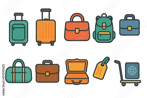 Travel and luggage flat icon set for transport and travel essentials