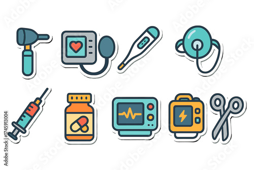 Medical equipment flat icon set. healthcare, hospital tools flat design collection.
