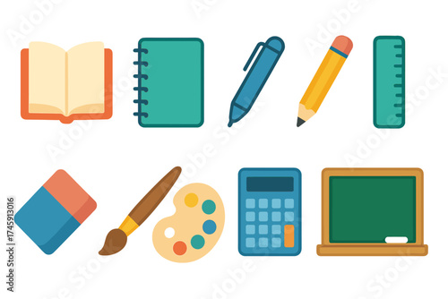 Educational tools with glowing icons set. school supplies and learning icon collection flat style