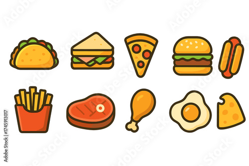 Food and fast food flat icon set. pizza, burger, sandwich, snack icons collection