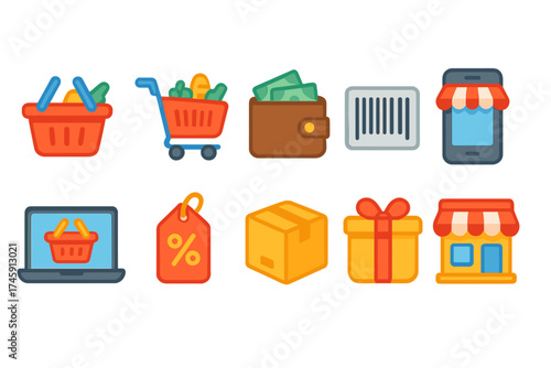 Shopping and e-commerce icon set. bright neon flat icons for retail platforms