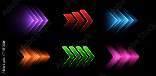 Glowing colorful arrows, dynamic glowing pointers, fast motion. Movement, boost or action concept. Vector illustration.